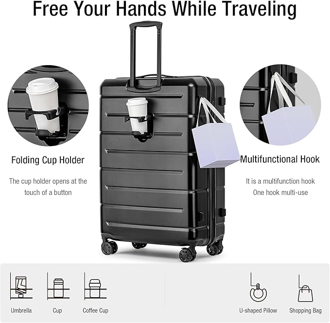 KYME Luggage Sets 3 Piece Hardshell 22in/26in/30in Suitcases with Spinner Wheels Hardside Suitcase Sets with TSA Lock Travel Rolling Luggage Set for Women Men Black