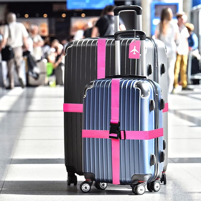 Weewooday 8 Pcs Luggage Straps Suitcase Tags Set for TSA Approved, 4 Travel Adjustable Suitcase Belt, 4 Silicone Luggage Tags with Name ID Card Travel Accessories(Pink,Airplane)