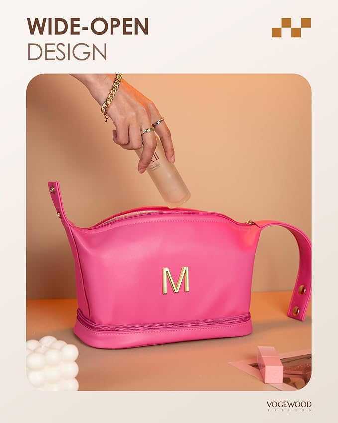 Tween Girls Birthday Women Gift, Personalized Makeup Bag with Handle, Initial Double Layer Cosmetic Bag with Makeup Brush Organizer, Cute Cosmetic Pouch for Women, Gifts for Friends Female