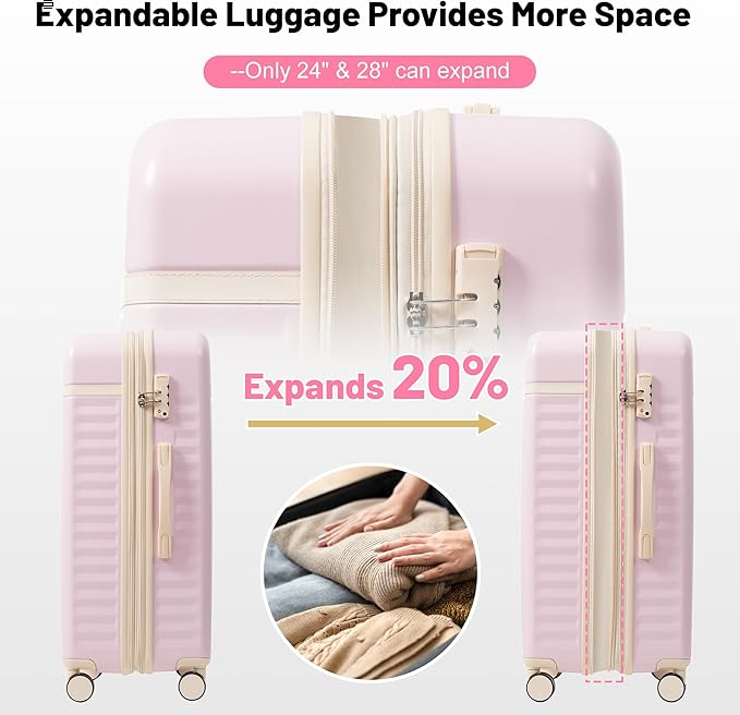 Merax Luggage Sets, Durable Hardshell 3 Piece Suitcase with Double Spinner Wheels and Handle Bags,Lightweight Carry on Luggage with TSA Lock,20+24+28 inches,Pink