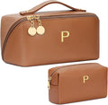 Birthday Gifts for Women Teen Girl, Personalized Initial Makeup Organizer Bag Set, Open Flat Travel Cosmetic Bag With Clear Divider and Handle(Brown,P)