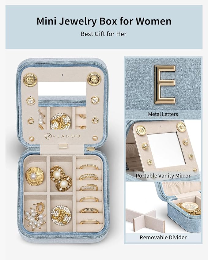 Vlando Teacher Must Haves, Personalized Initial Jewelry Case, Back to School Gift for Teacher, Teacher Appreciation Gifts, Teachers Day, Teacher Travel Jewelry Case with Initial - Letter E, Blue