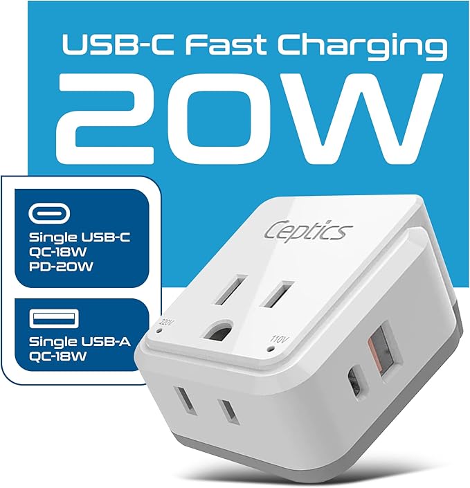 Ceptics India, Maldives Power Plug Adapter Travel Set, 20W PD & QC, Safe Dual USB & USB-C 3.1A - 2 USA Outlet - Compact - Use In Pakistan, Nepal, Bangladesh Includes Type D, Type C SWadAPt Attachments