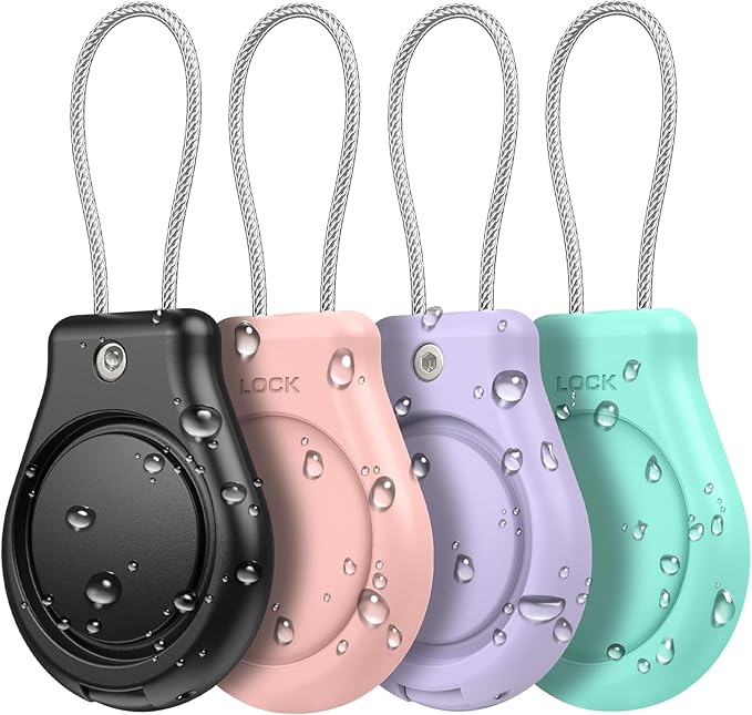 Waterproof AirTag Keychain Holder, Air tag Lock Case with Wire Cable Compatible with Apple AirTags, Durable & Secure Anti-Lost Protective Case with Keyring for Backpack, Key, Luggage (4 Pack)