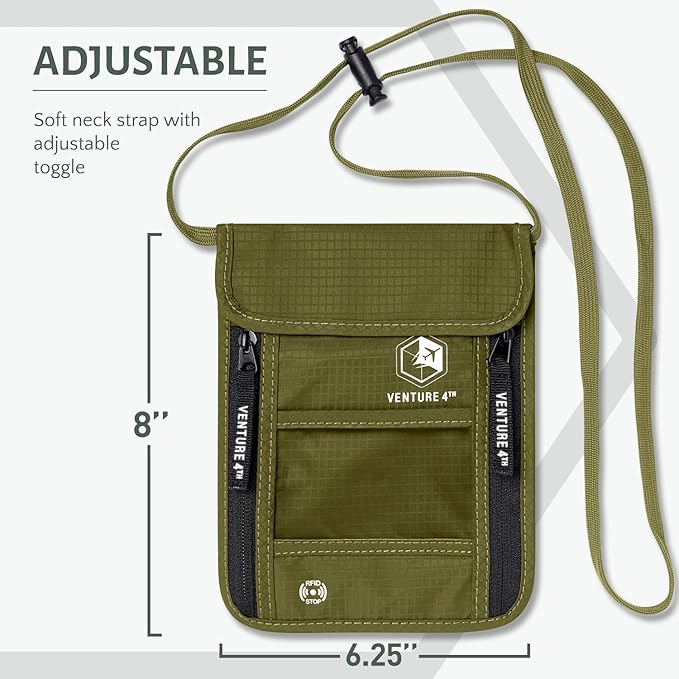 VENTURE 4TH Passport Holder Neck Wallet with RFID Blocking Nylon Lining - Hidden Neck Pouch for Travel (Green)
