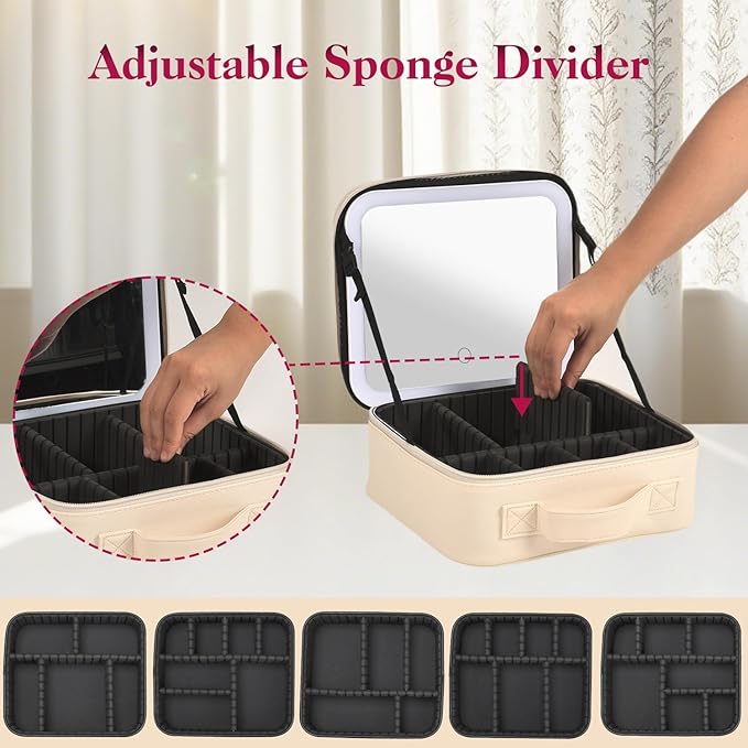 Travel Makeup Bag With LED Mirror,Makeup Travel Train Case with 3 Color Setting,Cosmetic Makeup Organizer Bag with Adjustable Dividers,Portable Make up Bag with Makeup Brush Holder Storage（Beige）