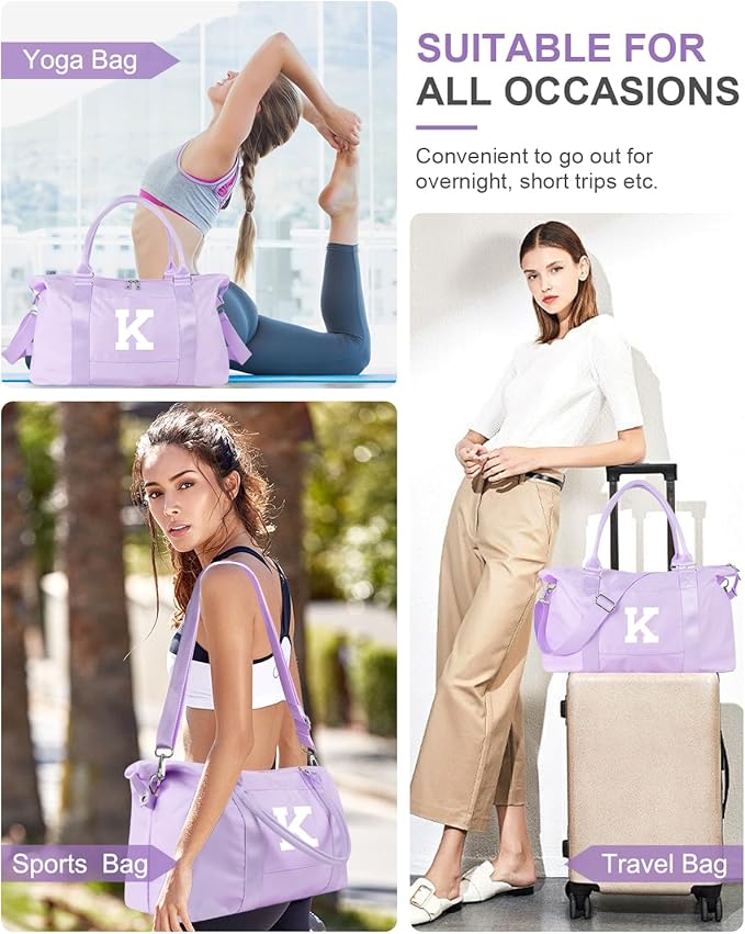 Daughter Niece Gifts for Teen Girl Kids, Initial Travel Duffel Bag Sports Gym Bag Personalized Gifts Weekender Bag，Monogram Overnight Bag Cute Dance Bag Birthday Bridesmaid Gifts for Women(Purple, K)