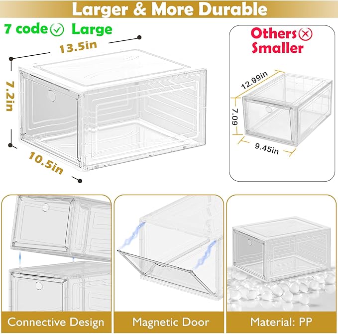 12 Pack Clear Shoe Storage Organizer with Magnetic Door,Stackable Plastic Shoe Boxes for Sneakers,Boots,and Heels,Space-Saving Foldable Shoe Rack for Closet,Durable Shoe Cabinet Organizer,White