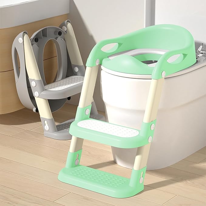 Potty Training Seat with Step Stool Ladder, Adjustable Foldable Potty Seat for Toilet with Anti-Slip Pads Ladder for Kids Boys Girls Toddlers - Green