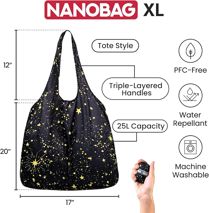Nanobag Ultra-Lightweight Heavy Duty Foldable Tote for Women & Men, Reusable Grocery & Travel Bag, Packable Collapsible Compact Market Essential (XL Sketch)