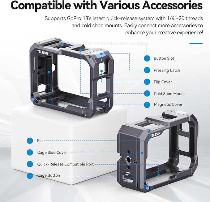 TELESIN Upgraded Aluminum Alloy Cage Frame Housing for Go Pro 13 12 11 10 9 Black, Supports Go Pro 13 Quick-Release System & Magnetic Charging, with 1/4" Thread & Cold Shoe for Video Light Microphone
