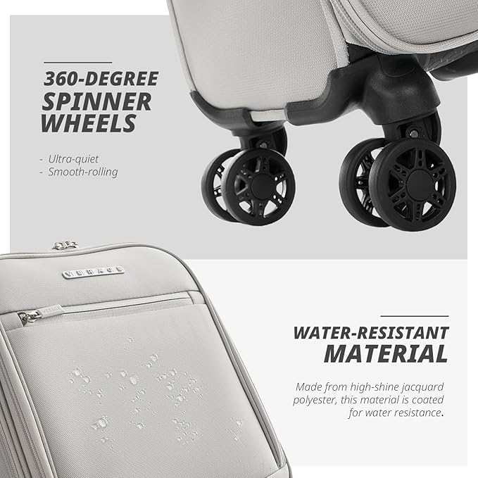 Verage Under Seat Luggage with Wheels, Softside Small Suitcase Spinner Carry On Luggage Bags for Airlines Airplanes Short Trip Men Women (Cloud Gray, 14.5-Inch Plus Underseat)
