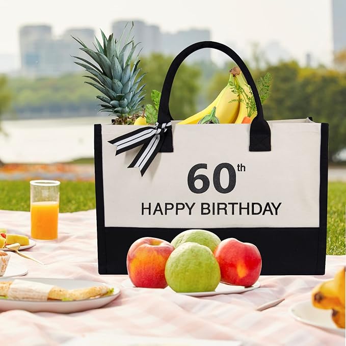 TOPDesign Embroidery Canvas Tote Bag for Women, 60th Birthday Gifts for Her, Wife, Mom, Sister, Daughter, Aunt, Best Friend, Coworker, Turning 60 Years Old Present, Personalized Bag for Beach, Holiday