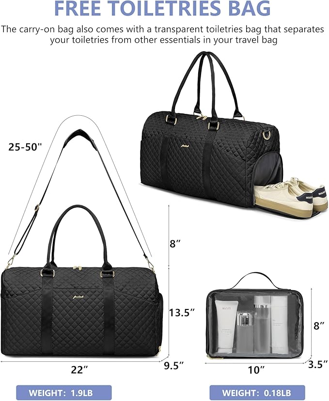 Weekender Travel Duffle Bag for Women - Overnight Bags with Wet Pocket Toiletry Bags Carry on Bag with Shoe Compartment Weekend Yoga Gym Traveling Hospital Bags for Labor and Delivery Black
