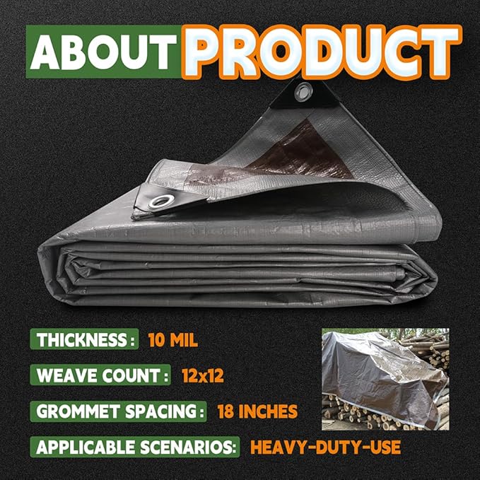 Tarps Heavy Duty Waterproof 8x10 Feet (3 Pack), 10Mil Multipurpose Poly Tarp Cover with Metal Grommets and Reinforced Edges, Silver/Brown Tarp by RAINDEWAY