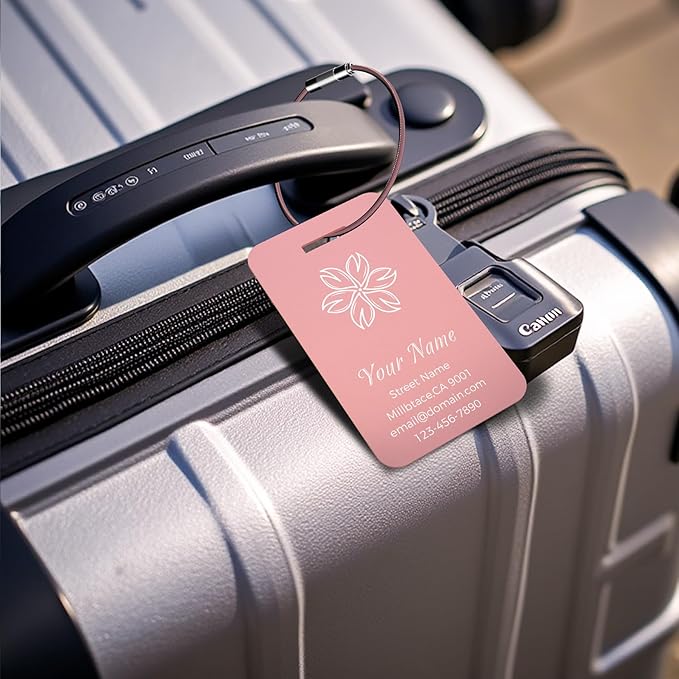 Personalized Luggage Tags, Custom Luggage Tags 4 Pack TSA Approved Double Sided Laser Engraving, Metal Luggage Tag for Suitcases with Stainless Loops, Name Tag for Bags, Backpacks (Pink)