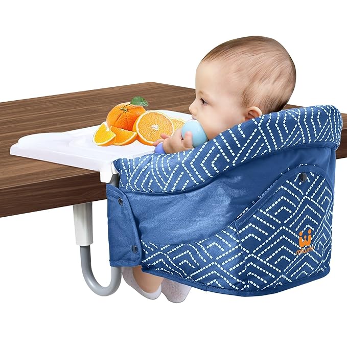 MTWML Hook On High Chair with Tray,Portable Baby High Chair That Attaches to Table,Clip On Fast Table High Chair for Babies and Toddlers.Baby Feeding Seat for Dining Table and Counter (Stripe-Blue)