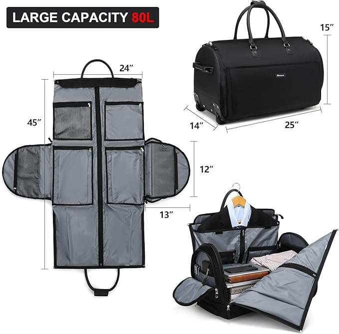 Modoker Rolling Garment Bags, Large Garment Duffle Bag with Wheels, 3 in 1 Garment Suit Luggage Bag for Women Men Business Travel Weekender, Black