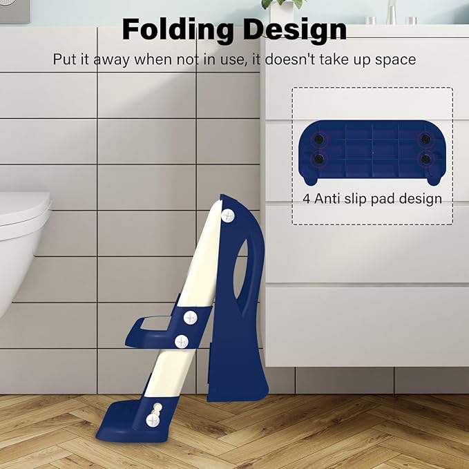 Potty Training Seat with Step Stool Ladder, Adjustable Foldable Potty Seat for Toilet with Anti-Slip Pads Ladder for Kids Boys Girls Toddlers - Navy Blue