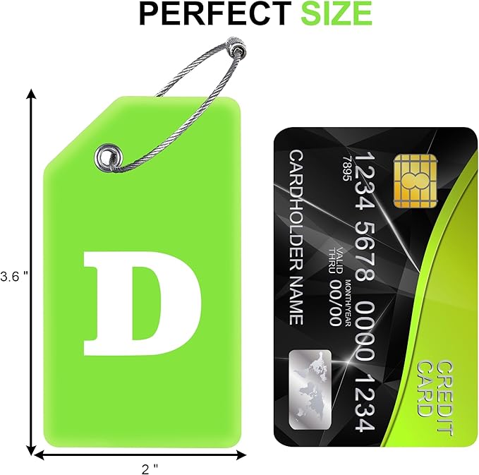 8 Pcs Luggage Tags for Suitcases, 26 Initial Letter Travel Luggage Baggage Identification Labels ID Tags Fully Bendable Tags with Stainless Steel Loop (Letter D, Green)