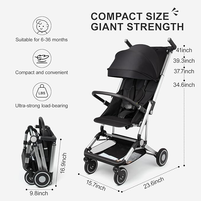 Travel Stroller for Airplane Ultra Compact Umbrella Stroller One-Handed Folding Design Overhead Friendly Lightweight Aluminum Alloy Frame