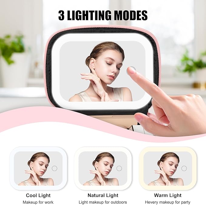 Relavel Mini Makeup Bag with Led Mirror, Small Cosmetic Bag with 3 Light Modes, Rechargeable Portable Makeup Pouch with Hands-Free Wrist Strap for Pool Parties丨Work Touch-Ups丨Travel - Pink