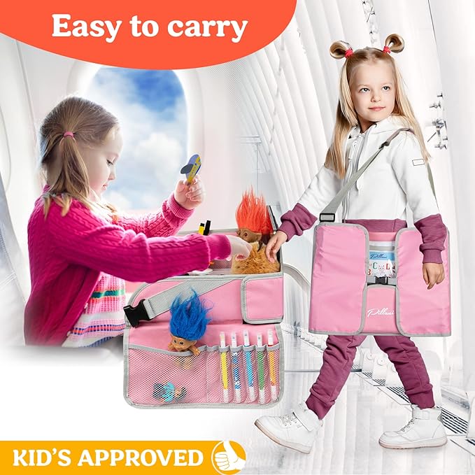 PILLANI Kids Travel Tray for Car - Car Seat Tray for Kids Travel, Road Trip Essentials, Carseat Table for Roadtrip Activities - Must Have Toddler Lap Desk Organizer for Airplane - Car Accessories