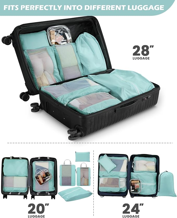Gonex 8 Set Compression Packing Cubes for Travel, Expandable Mesh Packing Organizer for Travel Accessories Essentials with Toiletry Bag, Laundry Shoe Cable Bag for Suitcases, Grey Blue-green