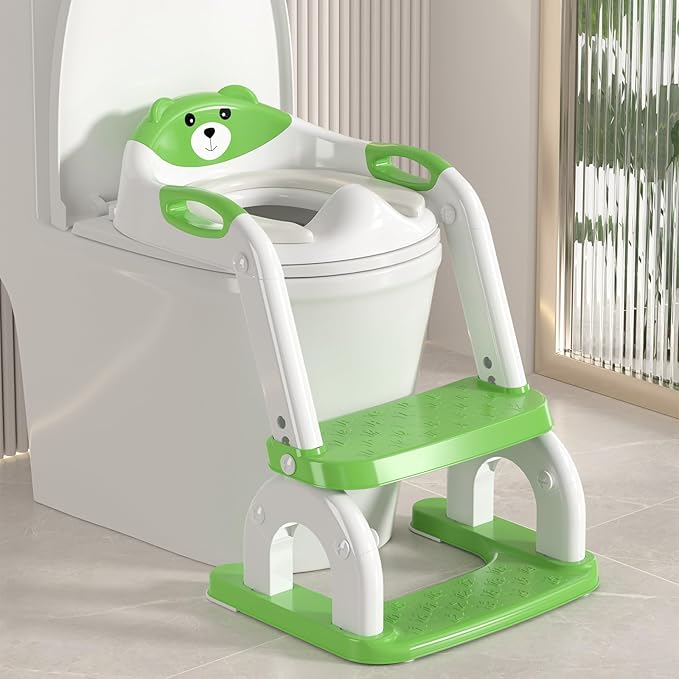 Potty Training Seat Upgraded 2-in-1 Potty Toilet for Kids Boys and Girls, Adjustable Step & Seat Height with Splash Guard Anti-Slip Pad Step Stool(Green)