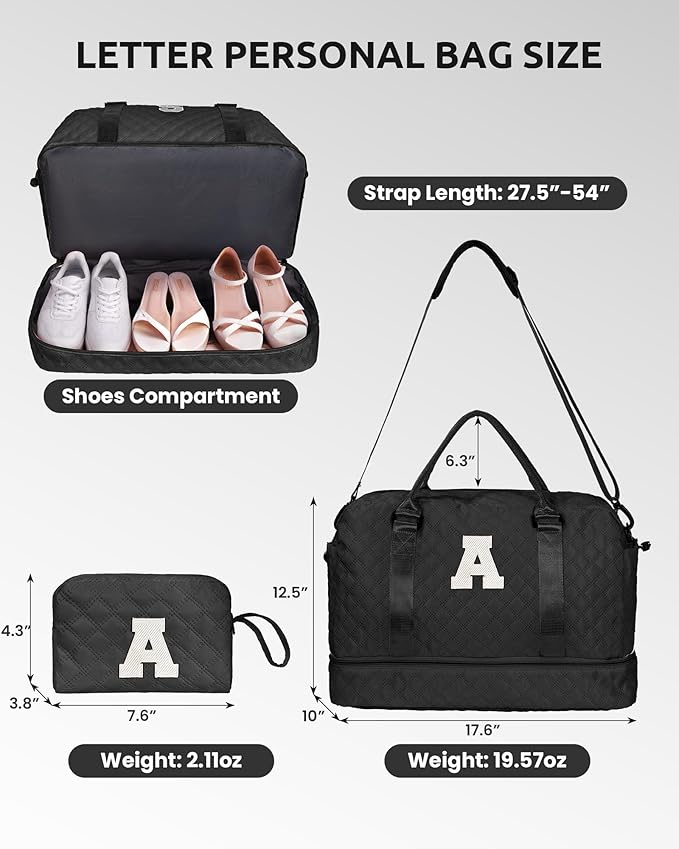 Granddaughter Gifts-Initial Duffle Bag with Shoe Compartment, Personalized Weekender Bag, Overnight Bag, Letter Travel Bag with Makeup Bag，Birthday Gift Graduation Gifts for Her (Letter T)