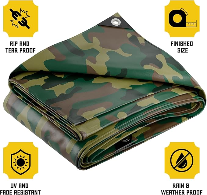 Core Tarps Extreme Heavy Duty 20 Mil Tarp Cover, Waterproof, UV Resistant, Rip and Tear Proof, Poly Tarpaulin with Reinforced Edges for Roof, Camping, Patio, Pool, Boat (Camouflage/Green 20′ X 20′)