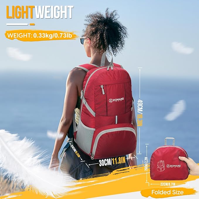 ZOMAKE Lightweight Packable Backpack 35L, Light Foldable Backpacks Water Resistant Collapsible Hiking Bag, Compact Folding Day Pack for Travel Camping(Red)