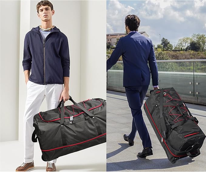 110L/140L Expandable Soft-Sided Foldable Duffle Bag with 2 Rubber Wheels,Packable 32” Rolling Carry-On with Multi-Pockets & Compartments,Black Red