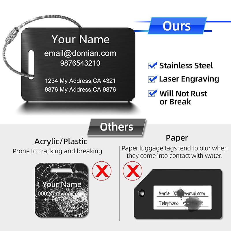 Stainless Steel Personalized Luggage Tags for Suitcases - Custom Name ID Travel Tags for Luggage, Backpacks and Bags - Metal Travel Essentials Accessories for Kids, Women and Men - Bulk Set (3 Pack)