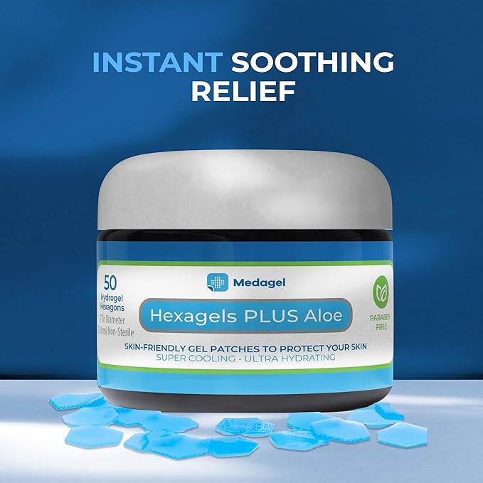 Hexagels Plus Aloe Vera - Advanced Healing Hydrogel Pads for Blister Prevention & Soothing Burn Care - Foot, Heel, Toe, & Ankle Protection, Pack of 50, 1-Inch Patches, by Medagel, Paraben Free Formula