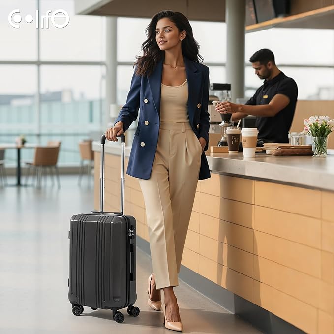 Coolife Luggage Suitcase PC+ABS with TSA Lock Spinner Carry on Hardshell Lightweight 20in 24in 28in (grey, S(20in))
