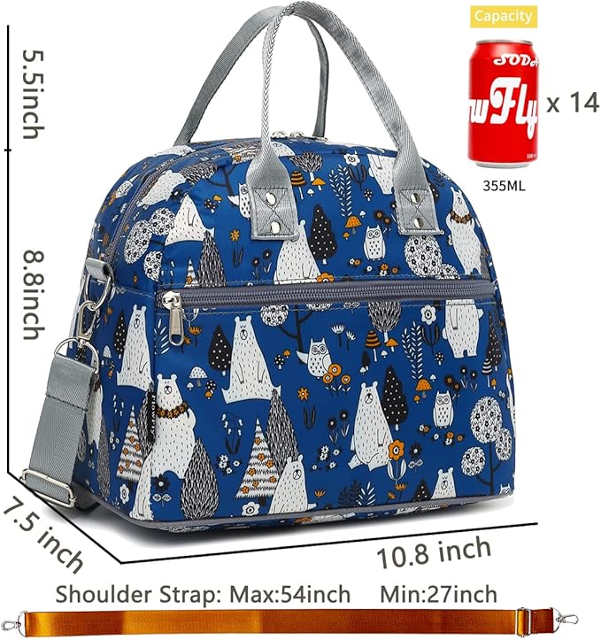 FlowFly Insulated Lunch Bag With Shoulder Strap for Women, Men, and Kids, Large and Reusable, Handle, Freezable Work and School Travel Tote and Meal Prep Organizer,Owl