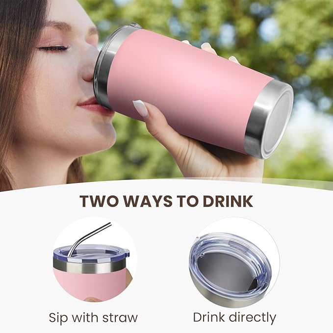 MEWAY 20oz Tumbler Cup Double Wall Vacuum Insulated Travel Mug Bulk, Stainless Steel Tumblers with Lid and Straw, Durable Powder Coated Coffee Cups for Cold & Hot Drinks (Pink, 1)