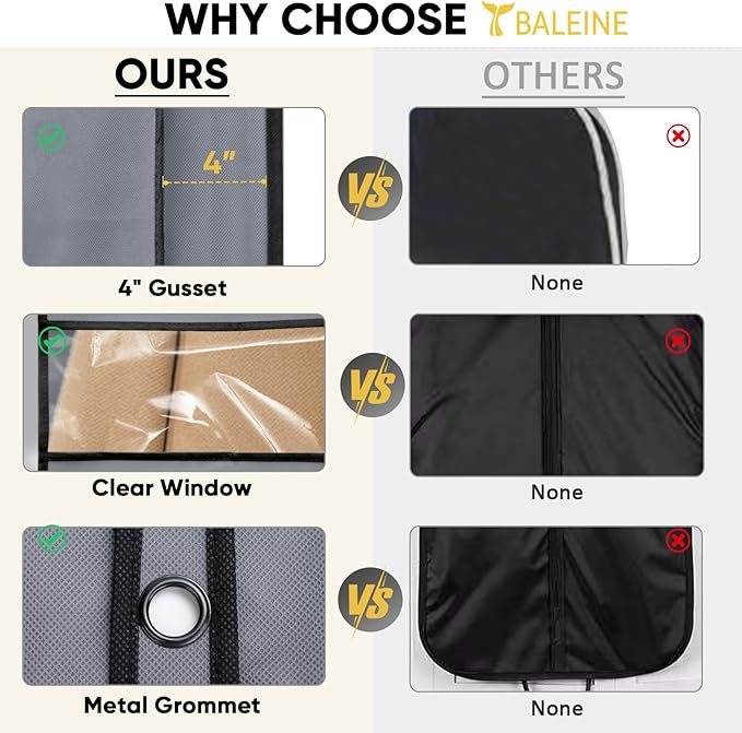 BALEINE 2PK Heavy Duty Garment Bag with Shoe Storage Travel Bag for Dresses, Suit, Coats Travel Essential (43", Grey)
