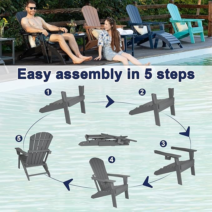 Folding Adirondack Chair with Cup Holder Set of 2, HDPE Patio Chairs,All-Weather Outdoor Chairs for Backyard, Deck,Fire Pit-Coffee