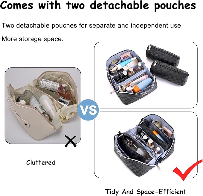 BOYATU Travel Makeup Bag Organizer Cosmetic Bag: 3 Pcs Set Make up Bags for Women with Handle - Waterproof Vegan Leather Toiletry Bags with Comparments (01-Black)