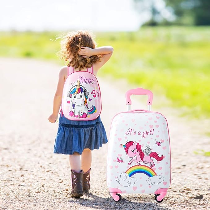 HONEY JOY 2 Pcs Kids Carry On Luggage, 12" School Backpack & 16" Rolling Suitcase, Waterproof Hard Shell Travel Case with Spinner Wheels, Gift for Boys Girls Overnight Travel, Pink Unicorn