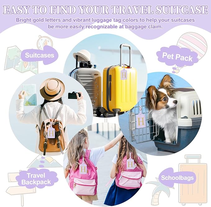 Personalized Initial Luggage Tags for Suitcase, Purple Leather Cute Luggage Tags with Privacy Cover Name Card, Embroidered Custom Monogrammed Luggage Tag Travel Backpack Tags Gifts for Women Kids(H)