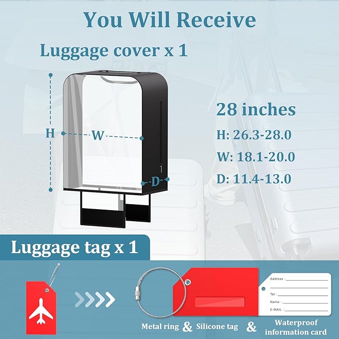 Upgraded Clear TPU Luggage Cover Protector with Black Stretchable Sides, Fit 28 Inch Wheeled Suitcase TSA Approved, Waterproof & Anti-Scratch, Includes Free Red Luggage Tag