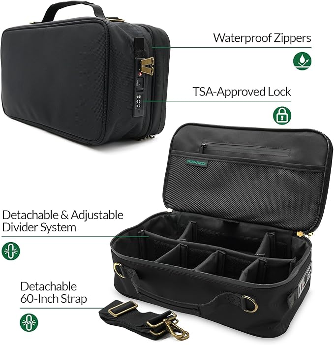 Large Storage Case with TSA Combination Lock Bag, Portable Carbon Lined, XL Medicine Lockable Box for Travel & Home Secured Box Organizer Divider Jars Accessories, Removable Tray (Black)