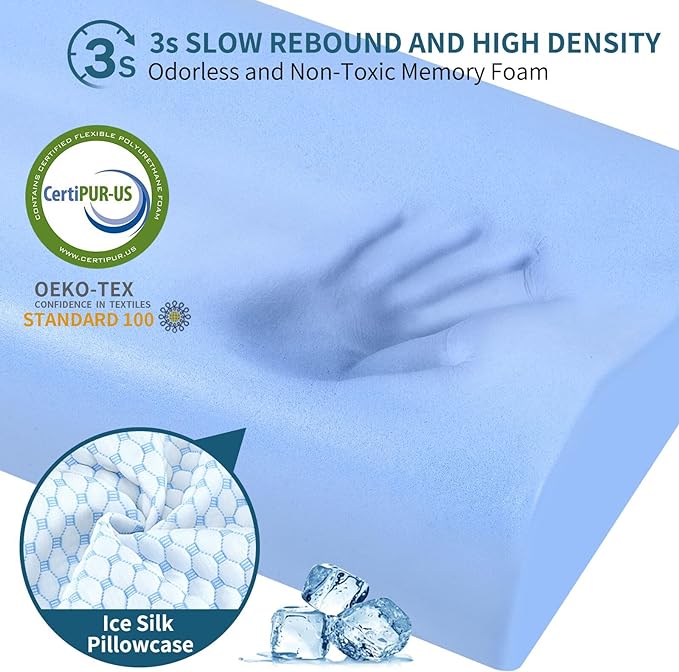 Cervical Neck Pillow for Pain Relief, Contour Memory Foam Pillows for Sleeping, Odorless Ergonomic Pillow Adjustable Orthopedic Cooling Pillow Bed Pillow Neck Support for Side Back Stomach Sleepers
