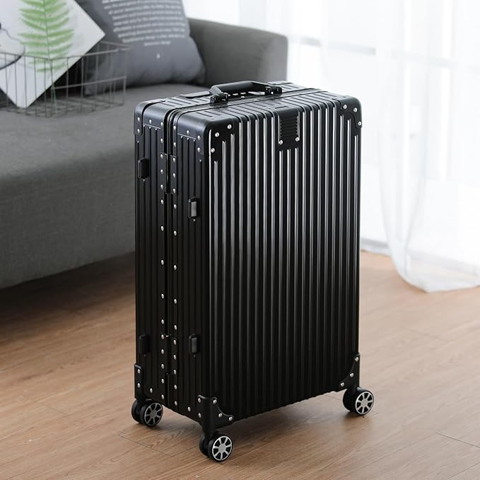Metal All Aluminum Carry-on Luggage TSA Customs Lock Zipperless Silent Rotary Wheel Business Suitcase Aluminum Frame Set (black, 2Piece(20/26))
