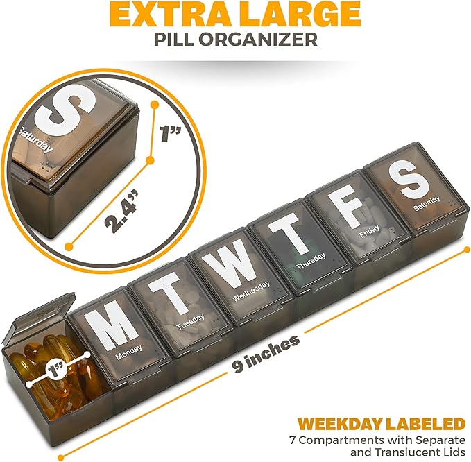 Weekly Pill Organizer - (Pack of 2) Extra Large Vitamin Container with Jumbo Easy to Read Letters, BPA Free - Daily Travel 7 Day Medication Pill Box Case, (Black)