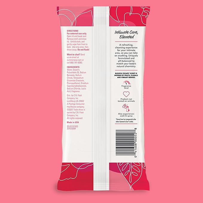 Summer's Eve Blissful Escape Feminine Wipes, Gentle pH-Balanced Formula Helps Control Vaginal Odor, Resealable Pack, 32 Wipes, Pack of 4