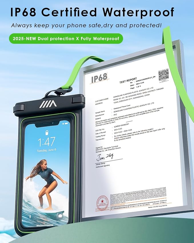 【2025 Upgraded】 1 Pack Black - IP68 Waterproof Phone Pouch Floating Design No Sink Waterproof Phone Case - Beach Pool Travel Essentials - Works w/All Phones - Detachable Lanyard - Black/Hi-Vis Green